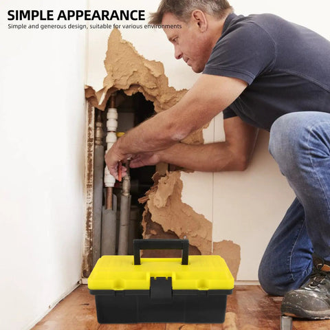 Rock Solid Plastic Toolbox Organizer With Heavy Duty Carry Handle And Secure Snap Buckle Closure For Mechanics Workshop Hardware Tool Storage, yellow and black toolbox in use.