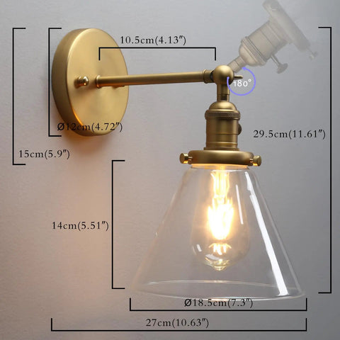 1 Light Wall Mount Sconce With Funnel Flared Clear Glass Shade Handblown Glass Lampshade Dope Industrial Antique Gold Finish