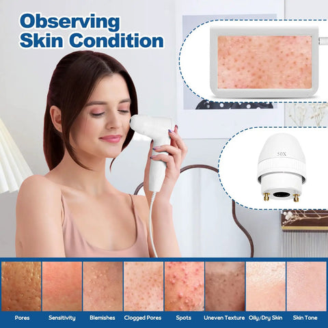 Woman using 10.2 Inch Skin And Hair Analyzer Pro Grade Gear with LCD screen to observe skin conditions; dual lens close-up shown