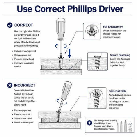 Instructional guide showing correct and incorrect use of Phillips driver with Premium M2 M3 M4 Phillips Pan Head Self Tapping Screws.