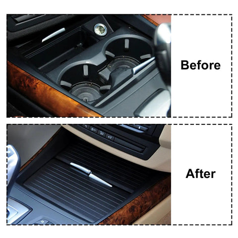 Hella Durable Center Console Cup Holder Slide Cover Featuring Slick Gliding Roller Blind Shutters For BMW X5 And X6 Models with before and after comparison images.