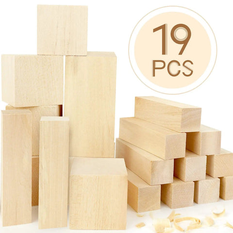 Dope Whittling Wood Blocks Kit With 19 Pieces for Basswood Carving in Three Sizes displayed in stacks