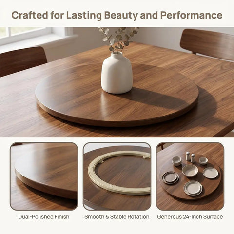 Top Tier 24 Inch Round Lazy Susan With Dead Smooth 360 Spin, Walnut Veneer Table Top Serving Tray on dining table.