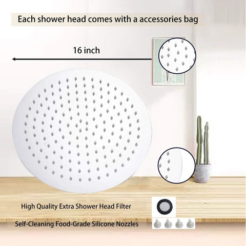 16 Inch Round Stainless Steel Rain Shower Head With High Pressure Chrome Finish, Silicone Jet Nozzles, Easy Clean Design