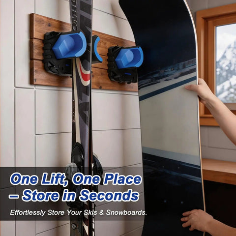 Beefy Ski And Snowboard Wall Mount With Self Locking Design For Garage Storage And Simple Install with secure gravity locking hooks.
