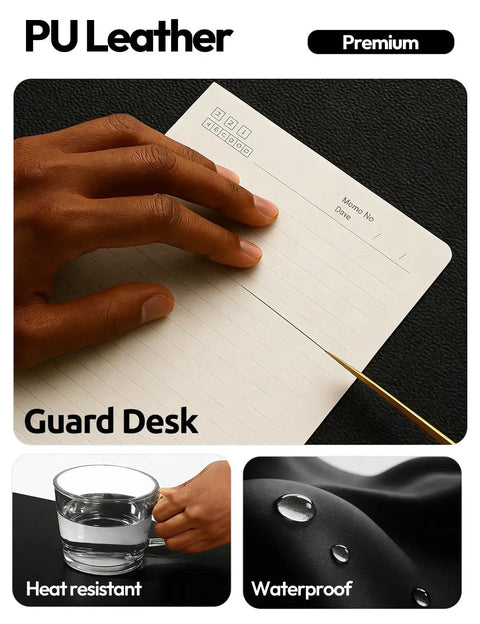 Boss Level PU Leather Desk Protector With Non Slip Grip And Waterproof Surface Sweet Wrist Rest For Smooth Mouse Slide And Kickass Desk Coverage At Home Or Office with hand on a notebook.