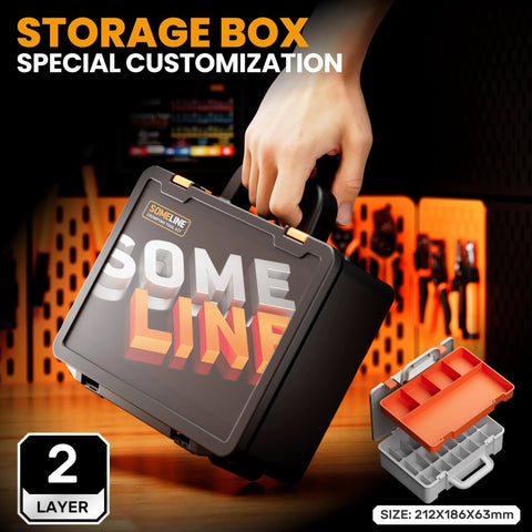 Person holding black 2-layer storage box with handle, customized for organization, size 212x186x63mm, orange interior.