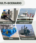 Collage showing HVAC equipment, marine equipment on water, industrial pumps, and transformer connections indoors and outdoors.