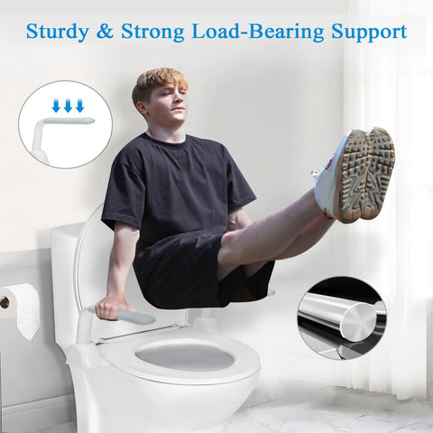 Rock Solid Toilet Safety Rails With Adjustable Grab Bars And Non Slip Bailout Handles Keep Everyone Steady While Using The Commode Space Saving Bathroom Assist Design. Person using grab bars for stability.