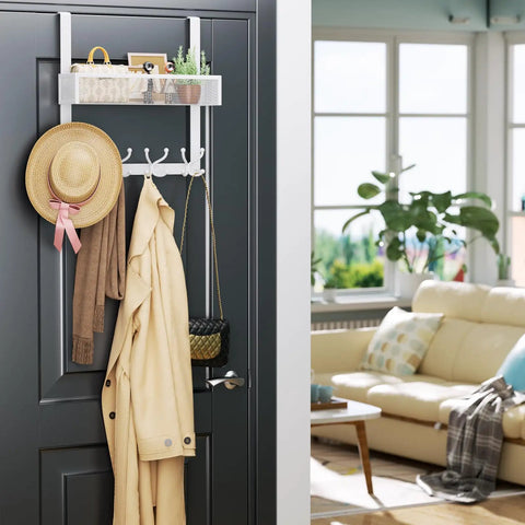 Over The Door Organizer With Mesh Basket And 16 Coat Hooks Space Saver Door Hanger For Bedroom Bathroom Kitchen And Office White Back Storage Rack For Quick Declutter