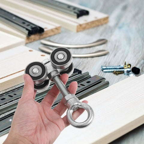 Top Shelf Heavy Duty Sliding Gate Trolley Wheel With Detachable Steel Roller Assembly, shown in hand with track and screws.
