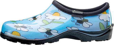 Women's Waterproof Rain Kicks Slip-On Garden Clog With Heavy-Duty Arch Support And All-Day Cushy Comfort For Busting Through Puddles And Tackling Yard Chores In Light Blue Bee Print, side view showcasing bee pattern.