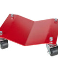 Ultra Slick Auto Dollies For Moving Vehicles One Hand Easy Glide Any Direction With Heavy Duty Casters showing red steel dolly with wheels.