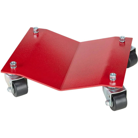 Ultra Slick Auto Dollies For Moving Vehicles One Hand Easy Glide Any Direction With Heavy Duty Casters showing red steel dolly with wheels.
