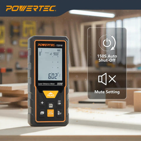 Straight Shooter Laser Measure 165 Ft Range Digital Distance Meter With Smart Angle Sensor And Bright Backlit Screen shown on a workshop table.