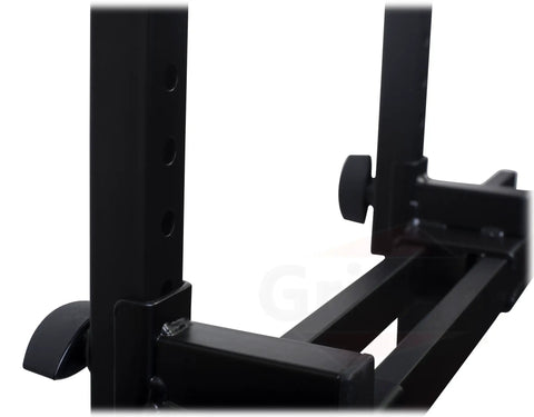 Close-up of Double Piano Keyboard Stand With Laptop Mount QuickFOLD Series 2 Tier Totally Portable Studio Rack frame and adjustment knobs.
