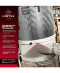 Heavy Duty Vortex Cone Dust Collector With 5 Micron Bag Filter And 1.5 Hp Motor showing vortex technology and bag attachment.
