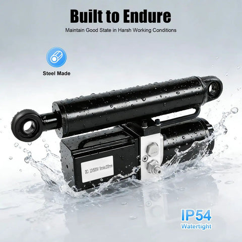 Built Tough 2 Ton Electric Hydraulic Actuator With 12V 800W Motor And 200Mm Stroke For Heavy Duty Lift Tables Industrial Machinery Shop Jobs Featuring Ip54 Water Resistant Casing, showing steel-made actuator under water