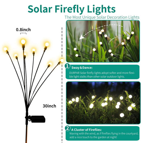 Diagram showing Solar Firefly String Lights Waterproof Outdoor Decor For Yard, Patio, And Pathways with warm white LEDs swaying.