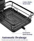 Close-up of Compact Dish Drying Rack For Kitchen Counter Black with drain guide and grooves for automatic drainage.