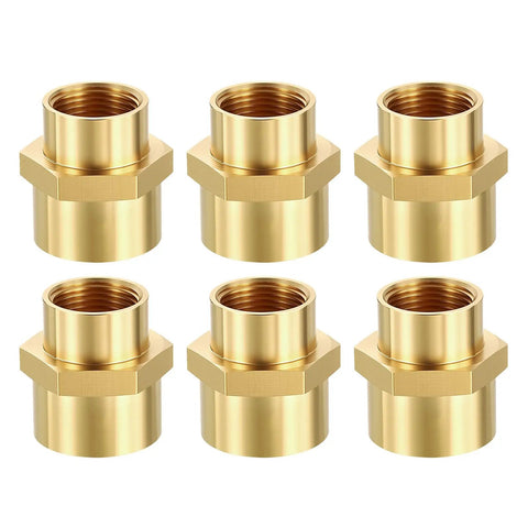 Six Piece Brass Pipe Fitting Set Three Eighths Inch Female NPT To One Quarter Inch Female NPT Coupler Hex Head Adapter