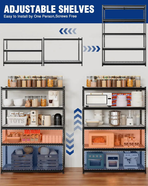 Built Tough Five Tier Heavy Duty Metal Shelving Unit With 4000 Lb Capacity, Adjustable Modular Rack, showing organized kitchen storage.