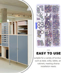 Badass Zinc Alloy Threaded Insert Nuts With Hex Socket Screws And Included Driver For Zero Sweat Furniture Assembly On Cabinets Tables Sofas And Shelves 230 Piece Go To Hardware Kit displayed in organizer next to modern furniture.