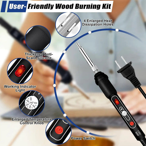 Close-up of All In One Wood Burning Kit 163 Pcs With Pyrography Pen and Adjustable Temperature showing pen features