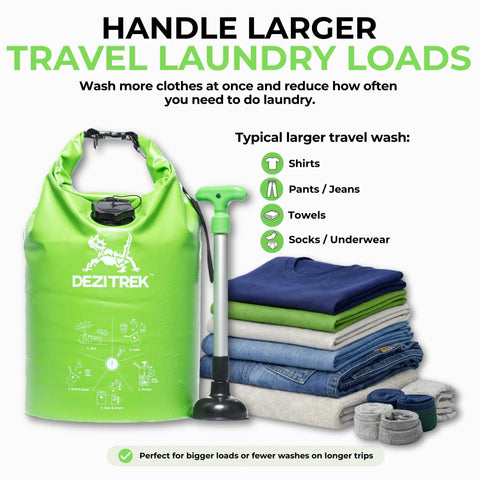 Off Grid Portable Washing Machine For Camping And RVs High Capacity Manual Clothes Washer With Plunger beside folded clothes