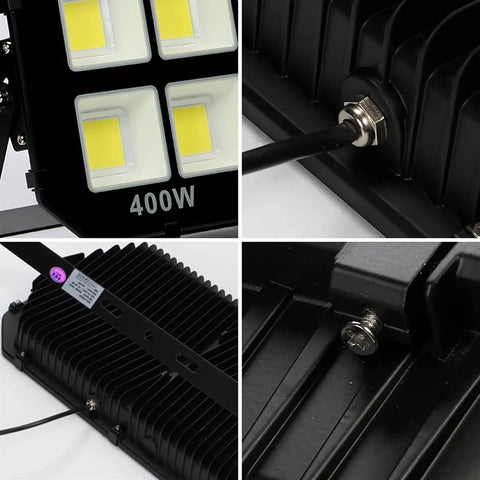 Built Damn Tough Heavy Duty LED Flood Light With Rock Solid Aluminum Body And Ultra Bright 6000K Cool White Glow Pumps Out Massive 600W Power And A Sweeping 140 Degree Spread For Serious Yard Work Or Job Sites close-up of LEDs and housing