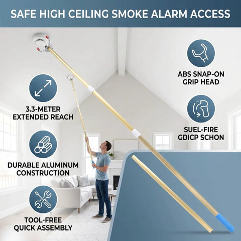 Heavy Duty Aluminum Telescoping Reach Pole For High Ceiling Smoke Detector Removal And Facility Maintenance With Knockout Grip Handles And Secure Locking Collars being used to access a smoke alarm.