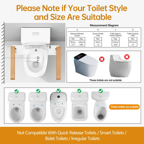 Adjustable Height Toilet Safety Rails For Seniors Boasting Top Shelf Handholds. Measurement diagram showing compatibility with various toilets.