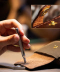 Person using setting tool on leather to install Forty Premium Silver 17Mm Metal Snap Fasteners With Pro Grade Setting Tools For Leather Goods Denim Jackets Canvas Bags And No Sweat Diy Mods That Grip Tight.