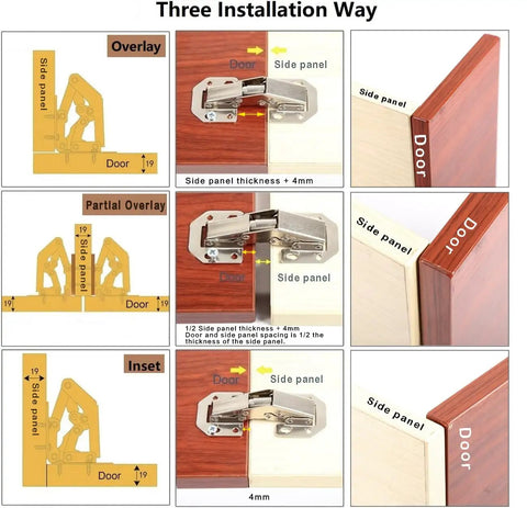 Three installation methods for Heavy Duty Eight Pack Hidden Hinges For Frameless Cabinets Self Closing Concealed Door Hardware.