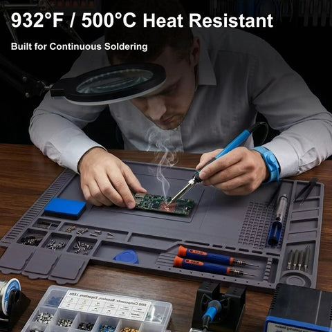 Top Tier Heat Resistant Silicone Soldering Mat With Magnetic Screw Retainer Tray showing a person soldering PCB on a grey workboard.