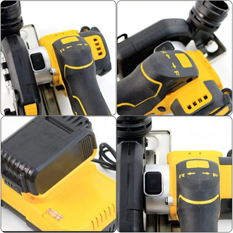 Industrial Workhorse Cordless Angle Grinder With 20000 Rpm Motor Quick Disc Swap And Ergonomic Grip showing control panel and body close-up.