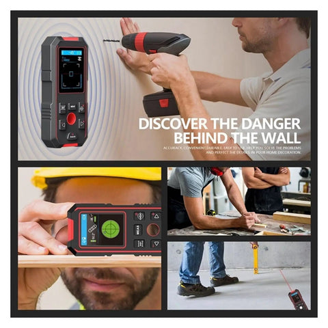 Pro Boss 3 In 1 Stud Finder Wall Scanner And Laser Distance Measure displaying LCD on wall while user drills, capturing live AC wires.