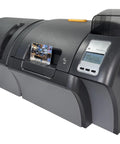 Dead Simple Dual Sided ID Card Printer With Fast Load Laminate Deck Using Dye Diffusion Retransfer Printing At Three Hundred DPI Over Rock Solid USB LAN Ports In Slick Grey Chassis For CR 80 Plastic Cards