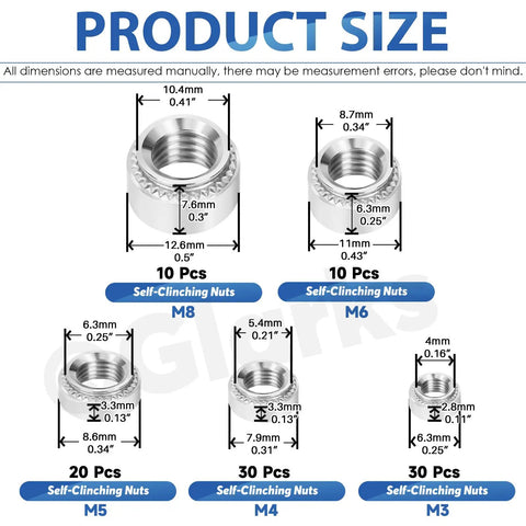 Product size chart featuring Drop Dead Solid M3 M4 M5 M6 Self Clinching Nuts Kit 100 Piece Assortment 304 Stainless Steel dimensions.