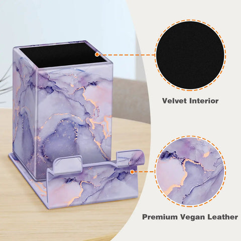 Pencil Holder With Phone Stand And Eyeglasses Organizer Desktop Desk Or Nightstand Organizer In Lilac Marble with velvet interior.