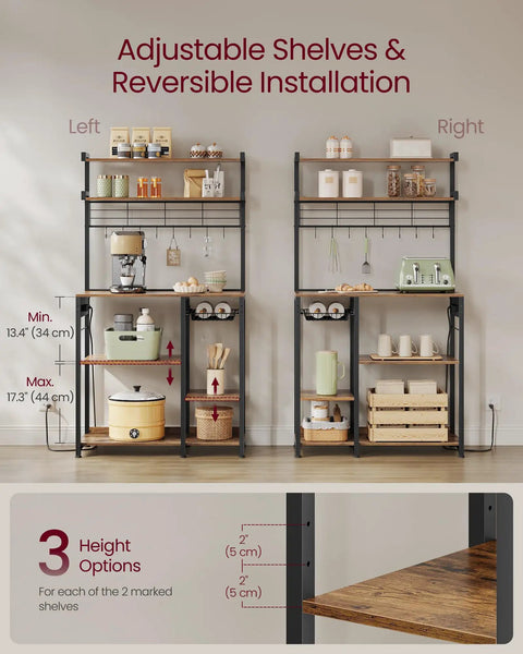 Top Tier Metal Baker Rack With Microwave Stand Rock Solid Kitchen Storage Shelf featuring adjustable shelves and hooks for convenient storage.