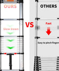 Comparison of Telescoping Ladder 12.5 Ft With One Button Retraction showing slow down design vs fast retraction