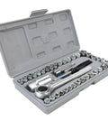 Hella Durable 40-Piece Socket And Wrench Set Featuring Metric And SAE Sizes For Your Ultimate Automotive And Motorcycle Repair Rig Including All Essential Bits To Fix Your Setup Quick Without Breaking A Sweat in storage case.
