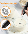 Handheld Milk Frother Cordless Electric Foam Maker With Stainless Steel Whisk Froths In 15 Seconds shown in use with milk