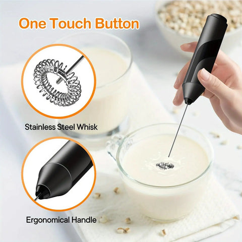 Handheld Milk Frother Cordless Electric Foam Maker With Stainless Steel Whisk Froths In 15 Seconds shown in use with milk