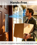 Wifi Video Doorbell Smart Lock Featuring Eight Keyless Methods Palm Vein Facial Recognition Fingerprint Pin Card App Control For Heavy Duty Home Security Zero Sweat Tight Security Setup, installed at front door with delivery person holding a package.