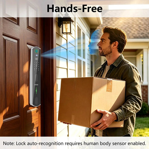 Wifi Video Doorbell Smart Lock Featuring Eight Keyless Methods Palm Vein Facial Recognition Fingerprint Pin Card App Control For Heavy Duty Home Security Zero Sweat Tight Security Setup, installed at front door with delivery person holding a package.
