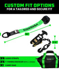 Heavy Duty 2 Inch By 8 Foot Car Tie Down Straps With J Hooks 4 Pack 10,000 Lb Break Strength shown with accessories and bag