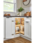 Smooth Operator 32 Inch Kidney Shaped Double Lazy Susan For Corner Base Cabinets, Solid Maple Spice Rack with jars organized.