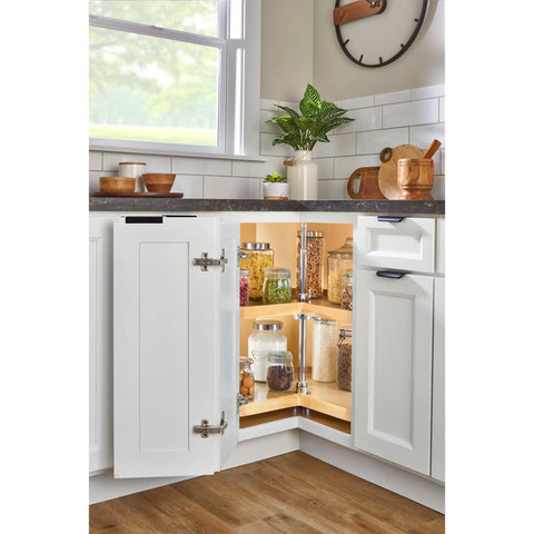Smooth Operator 32 Inch Kidney Shaped Double Lazy Susan For Corner Base Cabinets, Solid Maple Spice Rack with jars organized.